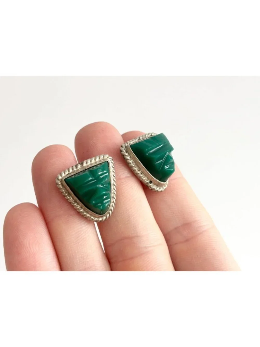 Green Onyx Gemstone Mask Taxco, Mexico Sterling Silver 925 Men's Cufflinks